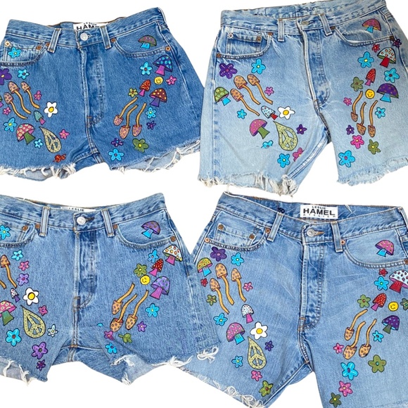 LESLIE HAMEL JEANS HANDPAINTED MUSHROOM VINTAGE LEVIS 501 CUTOFF SHORTS - Picture 5 of 9